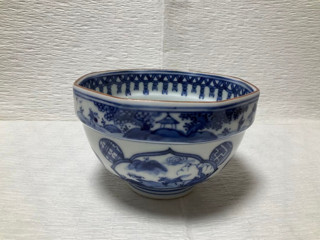 林淡幽　抹茶碗　染付木瓜山水茶盌　五山窯　共箱