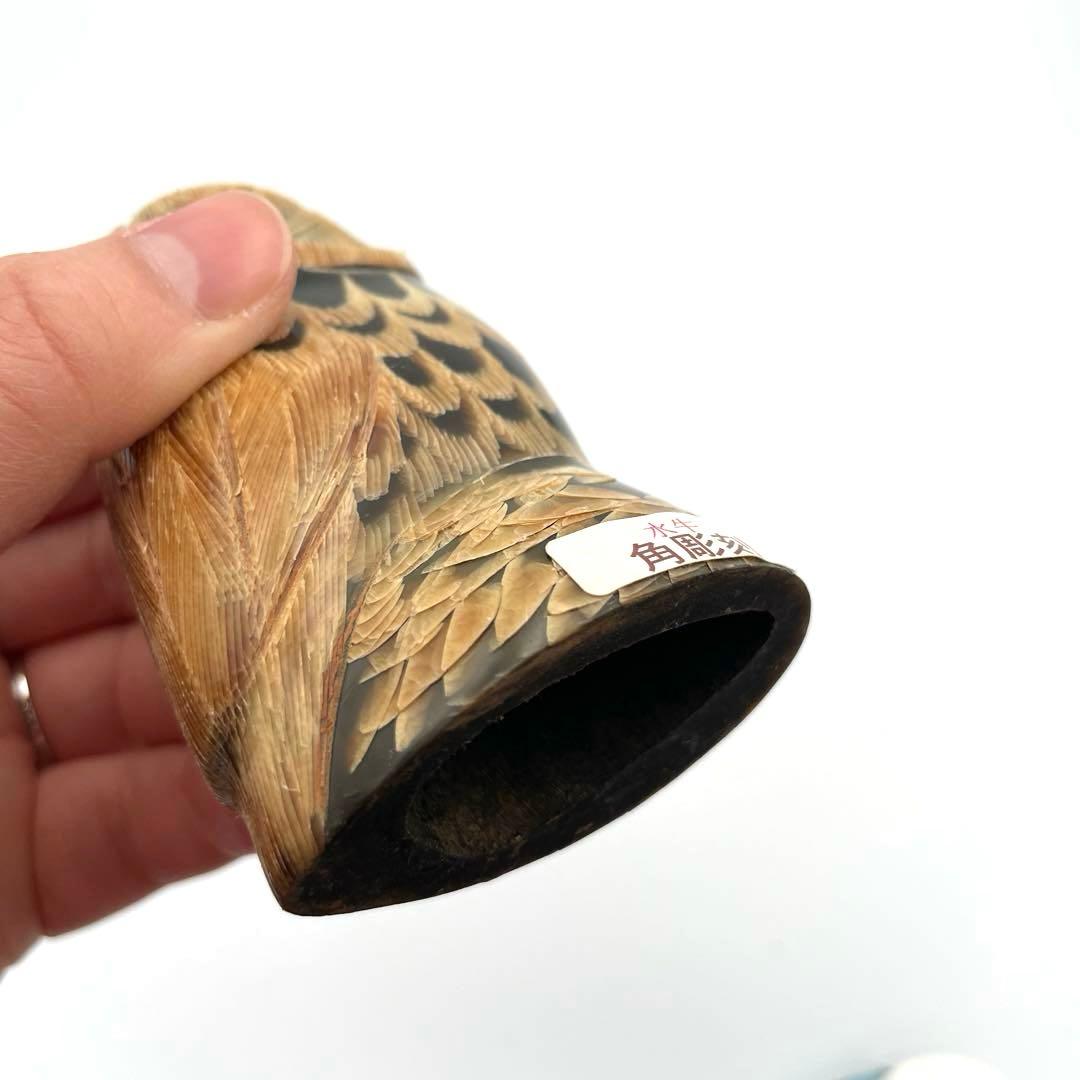 フクロウの水牛角彫刻置物