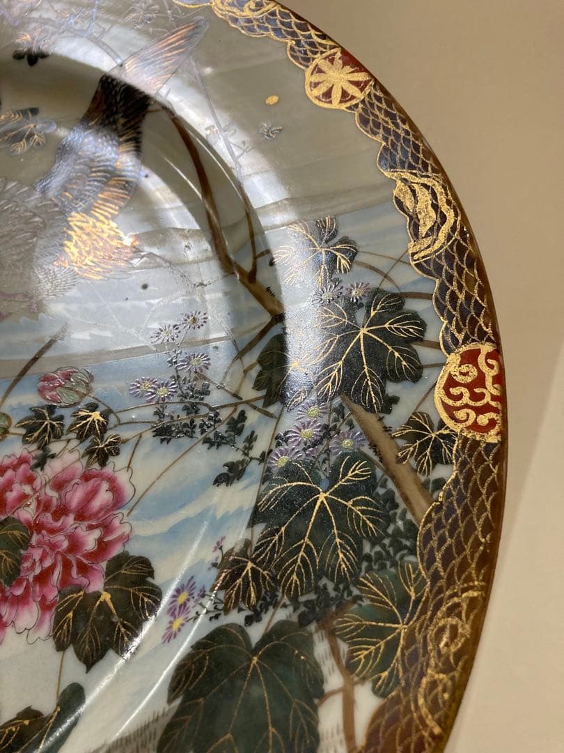 明治　手描き　夫婦雁と牡丹　大皿　2枚　縁起　時代　〈検 横濱焼　隅田焼　眞葛焼