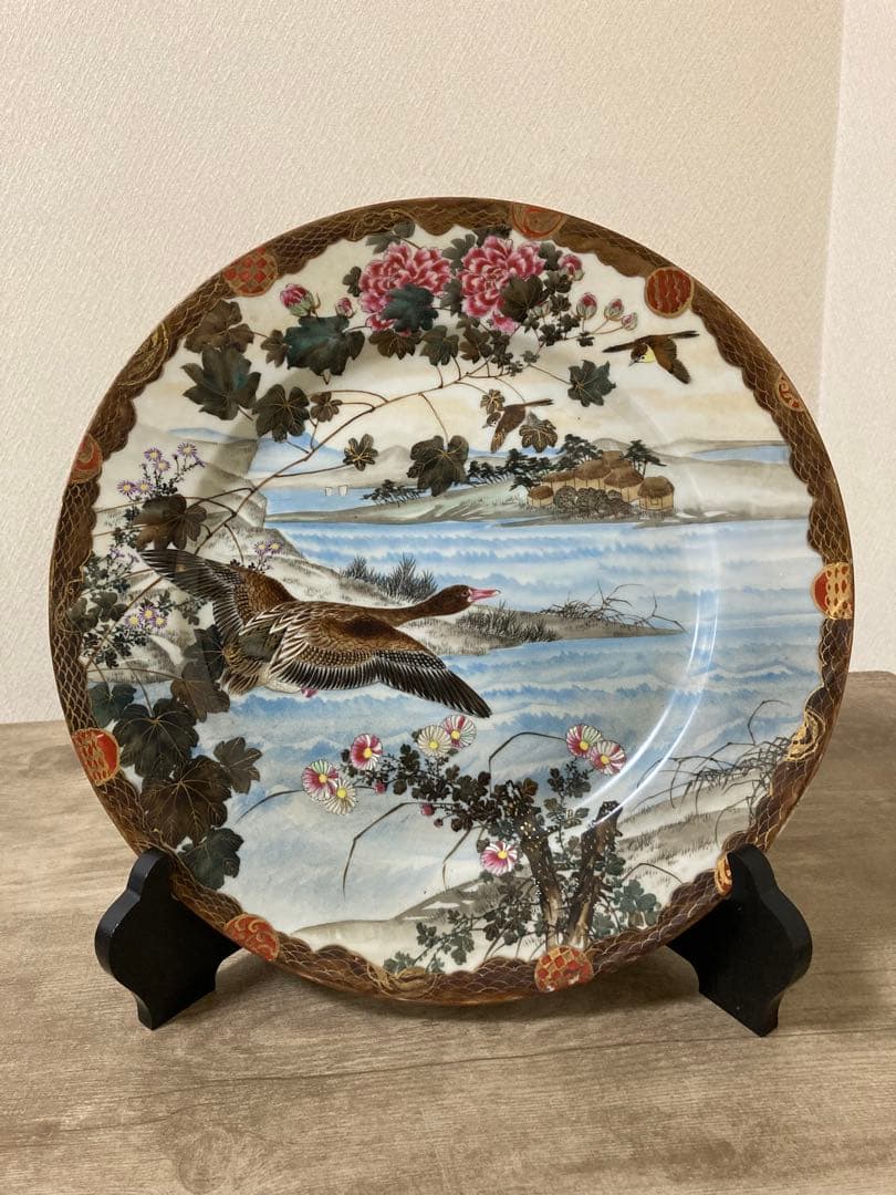 明治　手描き　夫婦雁と牡丹　大皿　2枚　縁起　時代　〈検 横濱焼　隅田焼　眞葛焼