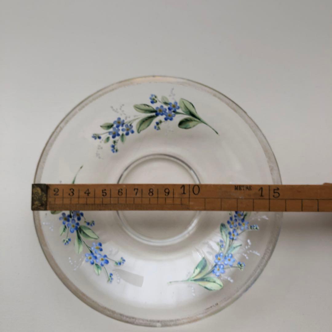 古いガラス皿　プレート　ソーサー　フランス　アンティーク　青い花　no.102