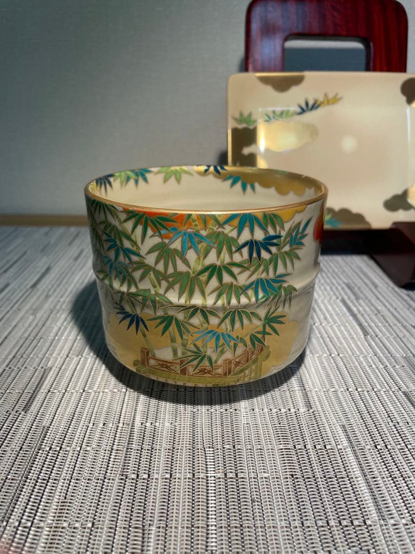 127桑野むつ子 京都 御所の花十二ヶ月【1月 河竹】抹茶椀・和陶皿 しおり付