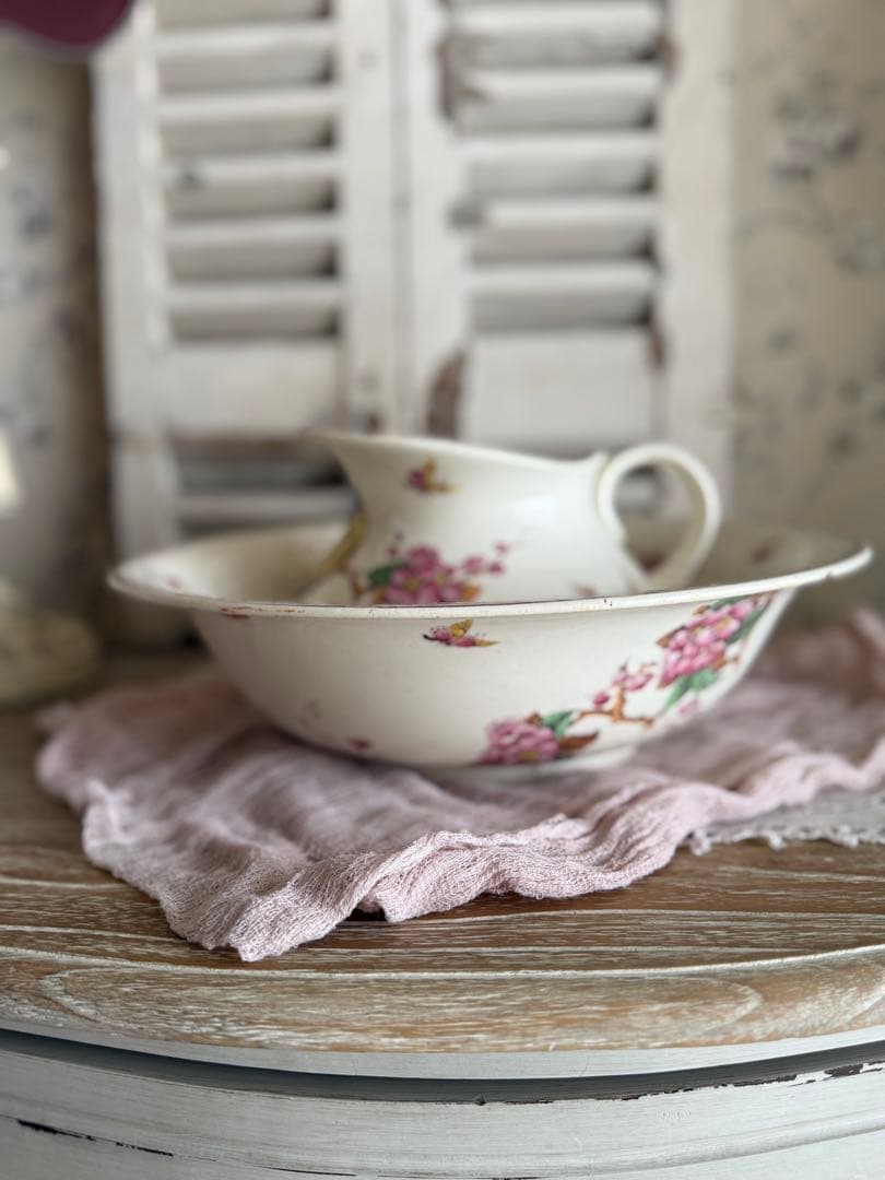 フランスアンティーク陶器リュネビィル激レアMeangeピッチャーとベイスン美品