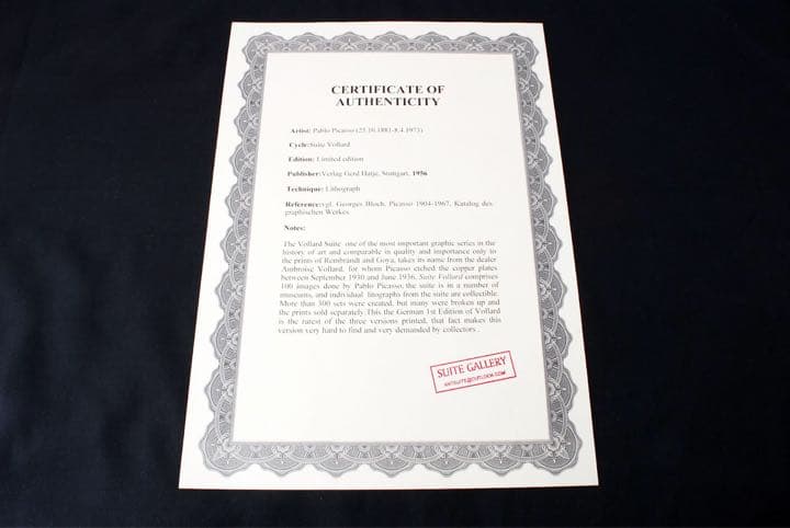 パブロ　ピカソ　リトグラフ 傷ついた闘牛士　1933 真正証明書付き