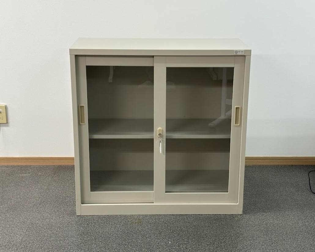 【引き取り限定】【2セット】ガラス扉キャビネット ベージュ 中型【大阪堺市】