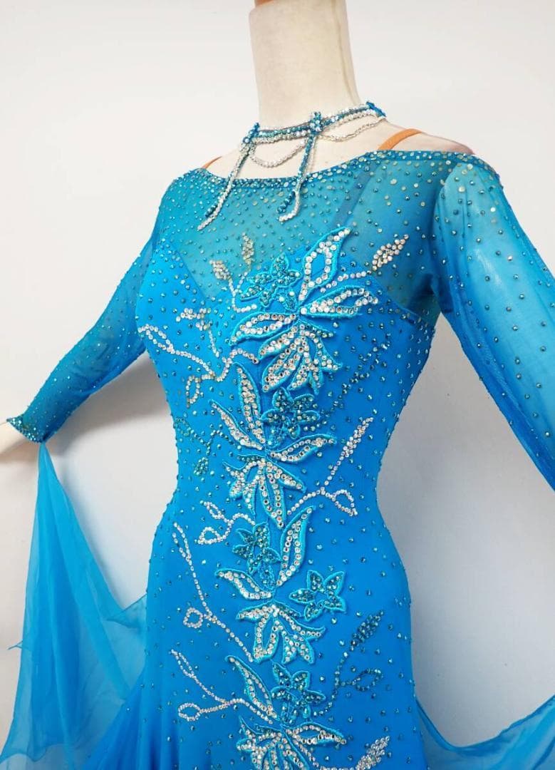B1307★水色/スワロフスキー/ワンピース/スタンダードドレス☆社交ダンス