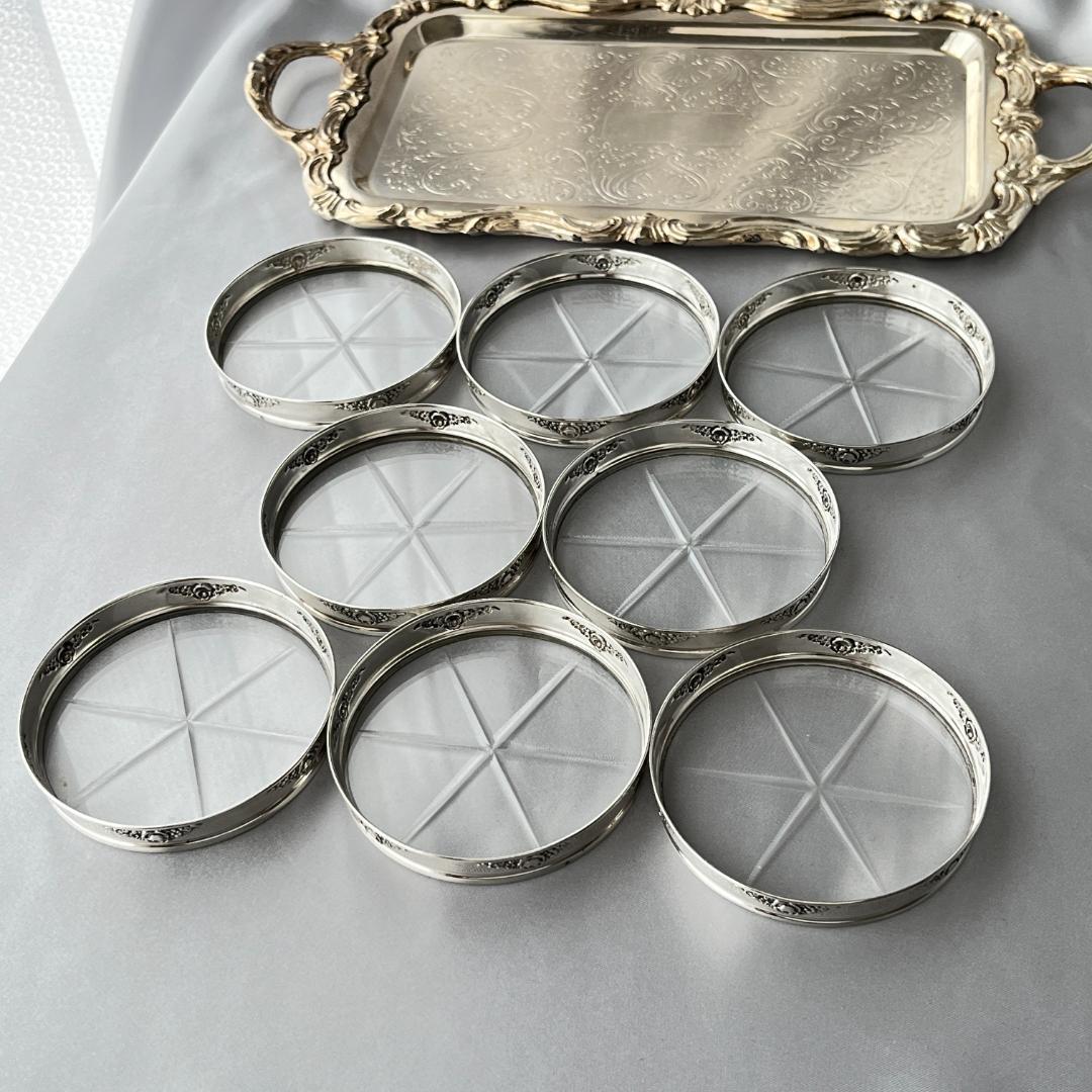 【Webster】薔薇のレリーフのコースター 8枚【純銀 / ガラス】