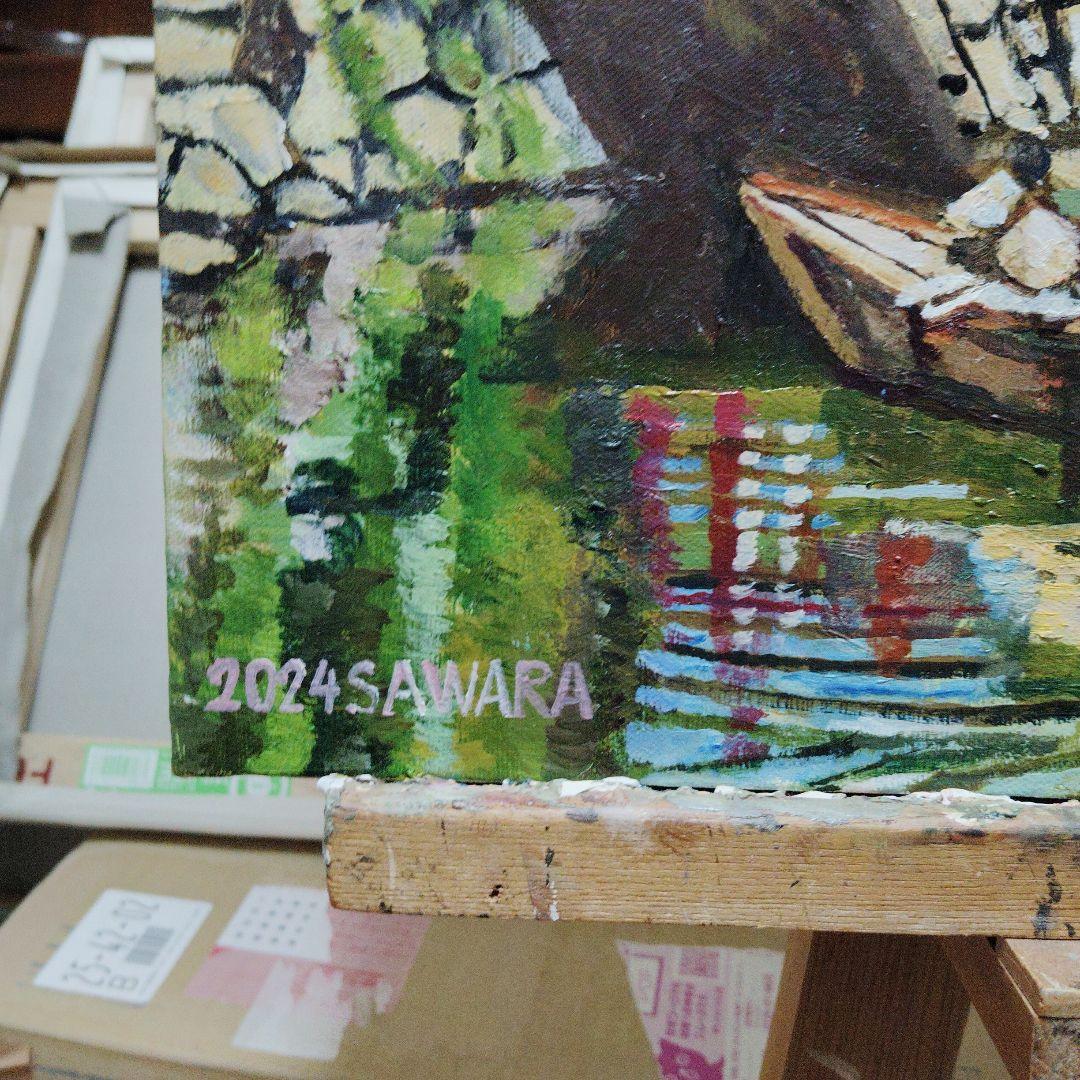 堀から見上げる桜の姫路城、佐原聖春、F15号油絵