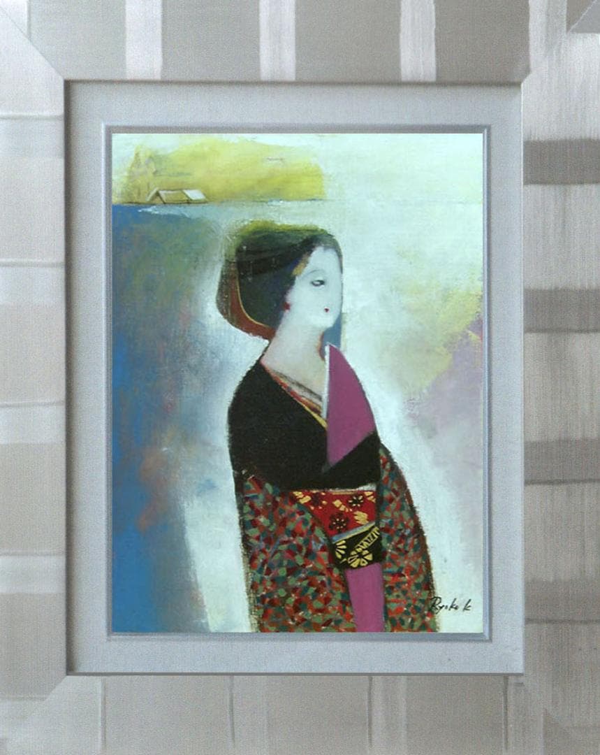 油絵 菅家令子 絵 絵画 インテリア 額付(黒) F4-142023 和服の女性