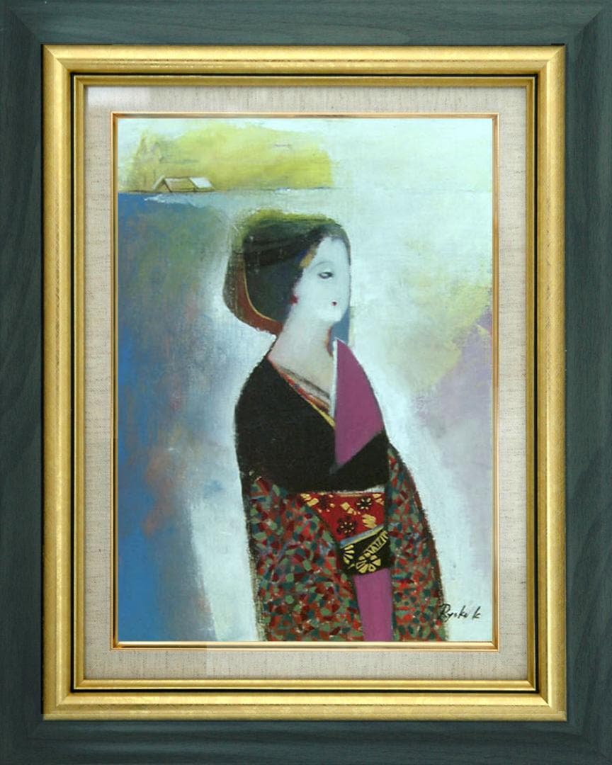 油絵 菅家令子 絵 絵画 インテリア 額付(黒) F4-142023 和服の女性