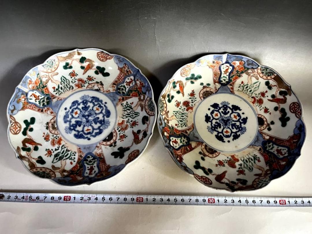 皿■赤絵花弁型窓花鳥紋皿(江戸後期～明治期)鯉 松竹梅 中皿 2枚セット 骨董■