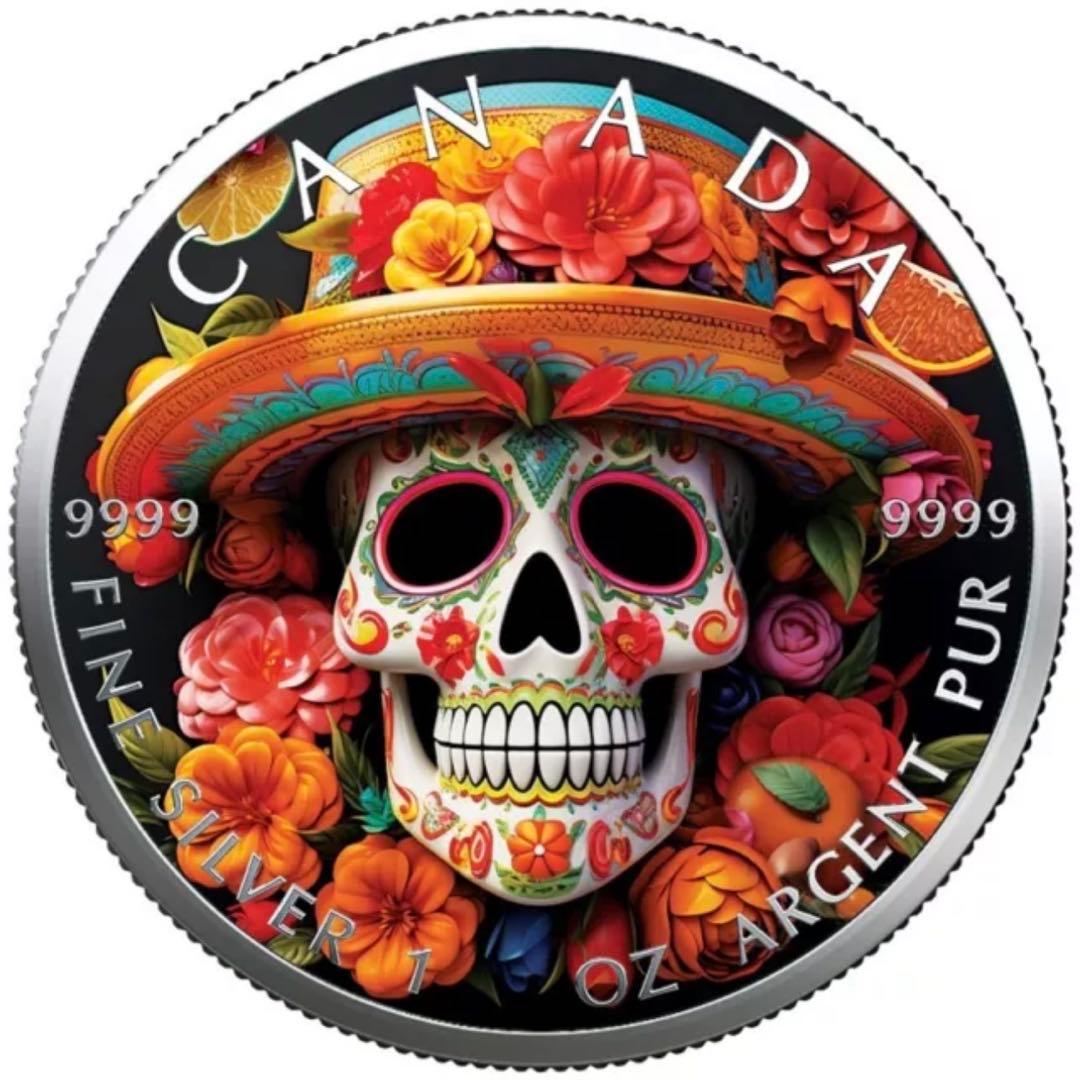 世界100枚限定！ メイプルリーフ 銀貨 カラー メキシカンスケルトン 1オンス
