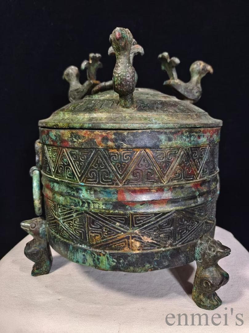 中国古美術【三鳳貯貝倉】漢代青銅銘文器皿 礼器 盛食器 純銅製 高浮彫 置物