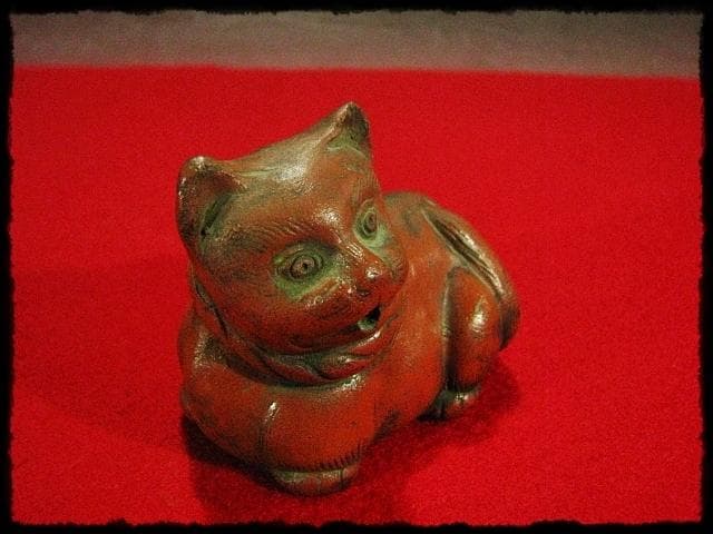 古備前 猫 水滴 ねこ ネコ 水注 朱泥 書道具 文房具 時代箱 kc304