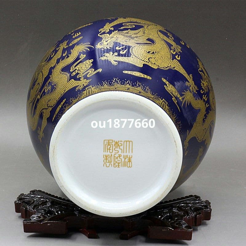 清乾隆宝石藍蒔金竜紋将軍缶 景徳鎮 陶磁器 装飾品 現代工芸品 美術品 置物