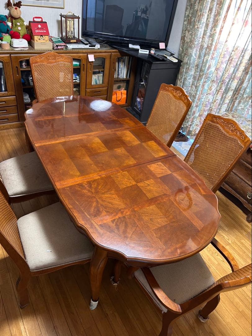 豪華なる楕円形木製⭐︎延長テーブルと椅子6脚セット
