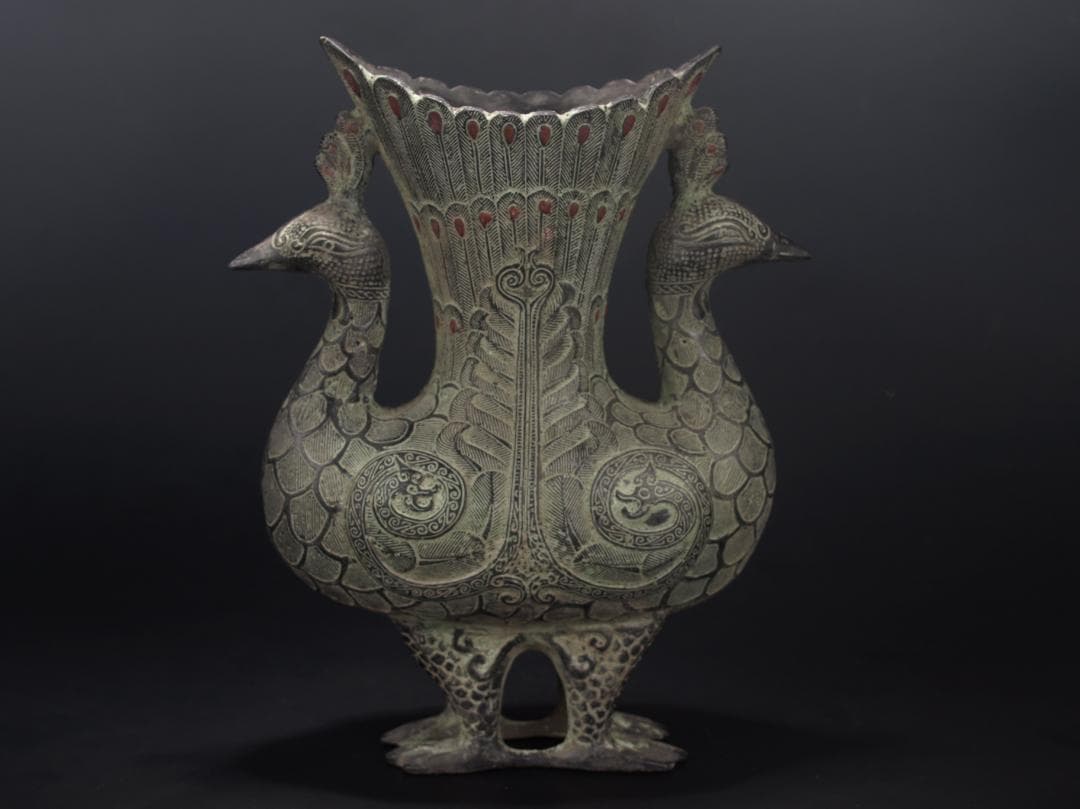 社長贓品　唐物　中国西周　青銅製孔雀花瓶　※激安骨董品 AK465A7-3