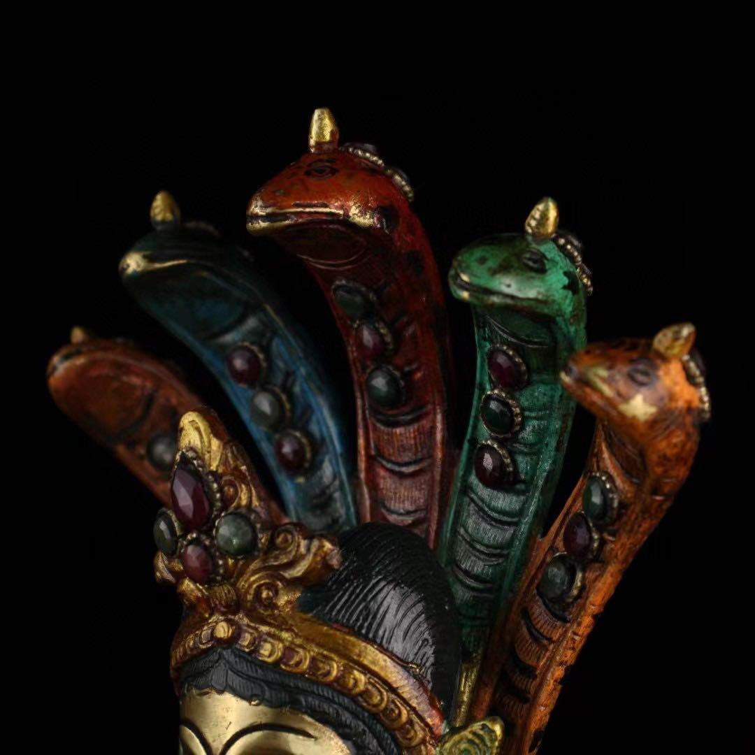 旧蔵、チベット寺院入手、精銅、手作り、宝石象眼、彩色蒔絵、密宗、竜樹菩薩仏像一尊