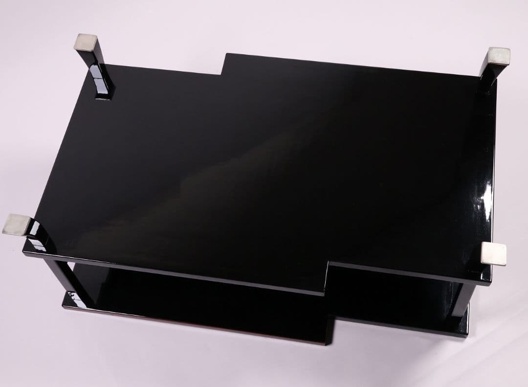 漆芸 二段卓 黒塗 うるみ塗 木製 錫覆輪 54.2cm 花台 古道具【MB58