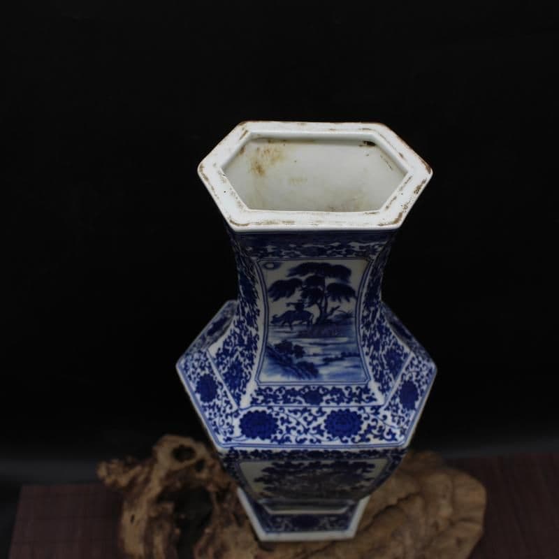 清乾隆青花人物花鳥六方賞瓶 景徳鎮 陶磁器 装飾品 現代工芸品 美術品 置物