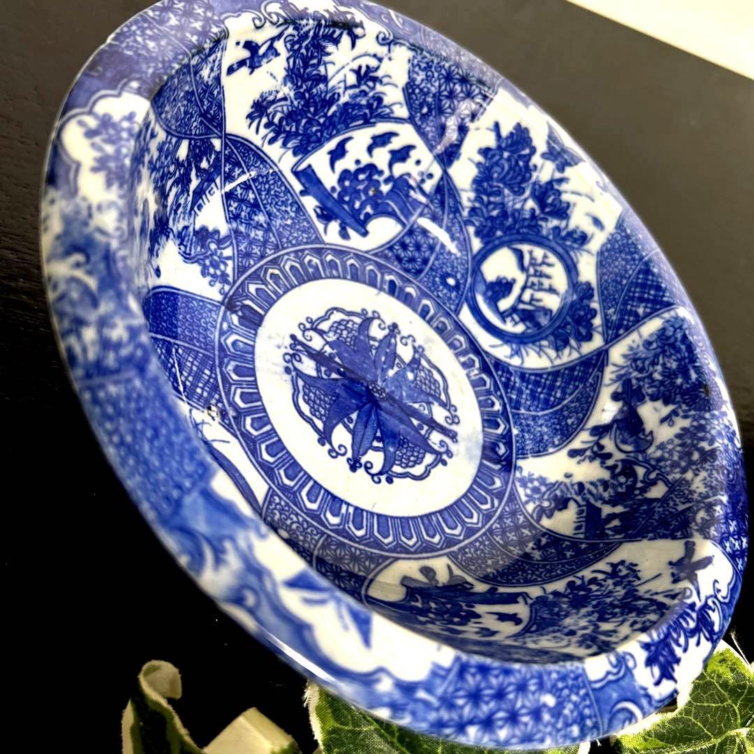 骨董品　古伊万里　転写　印判　煮物鉢　菊紋　椿紋　鳥紋　有田焼　アンティーク