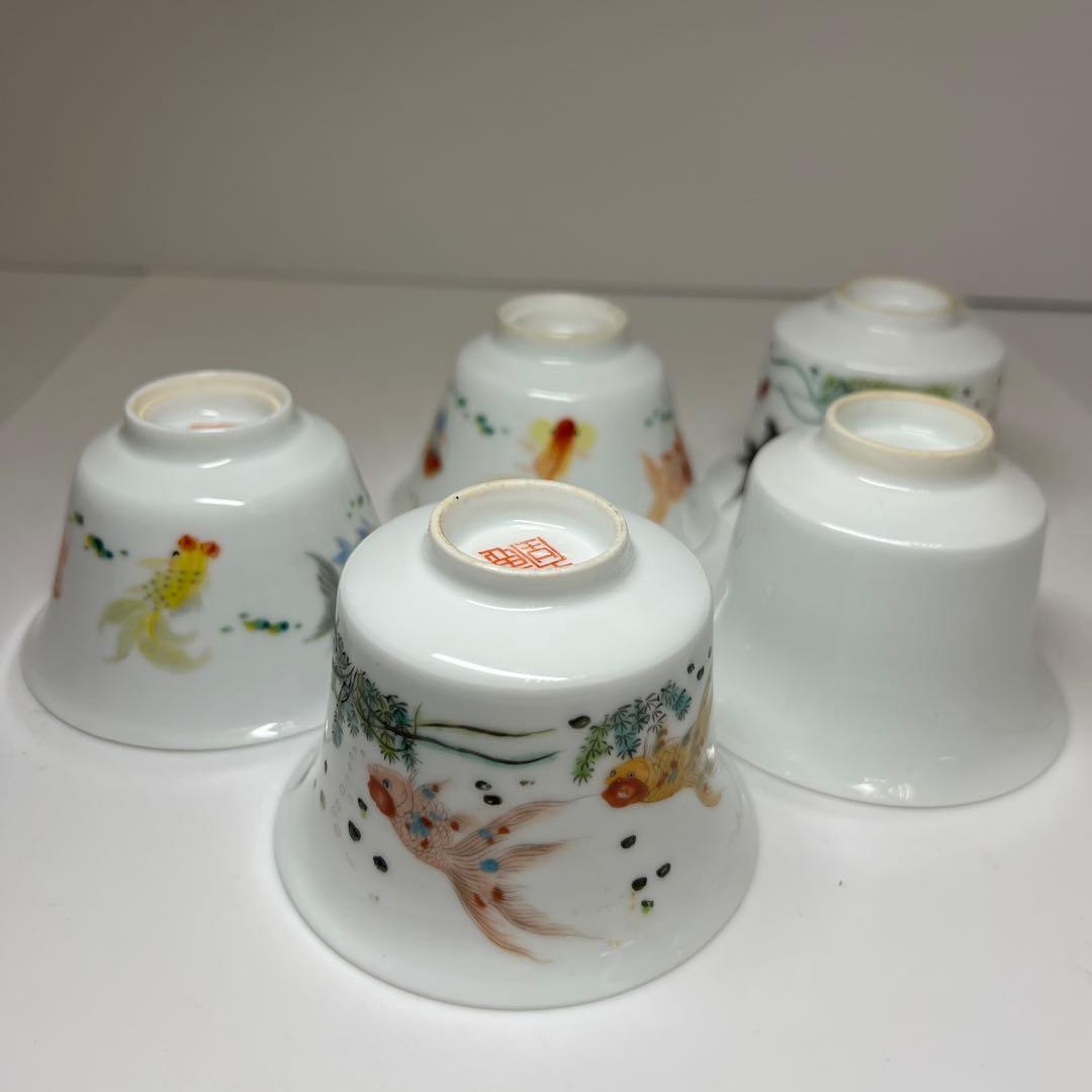 中国美術　粉彩蓋茶碗5客　口径約9㎝　東Y8-0204☆2Fタトチ