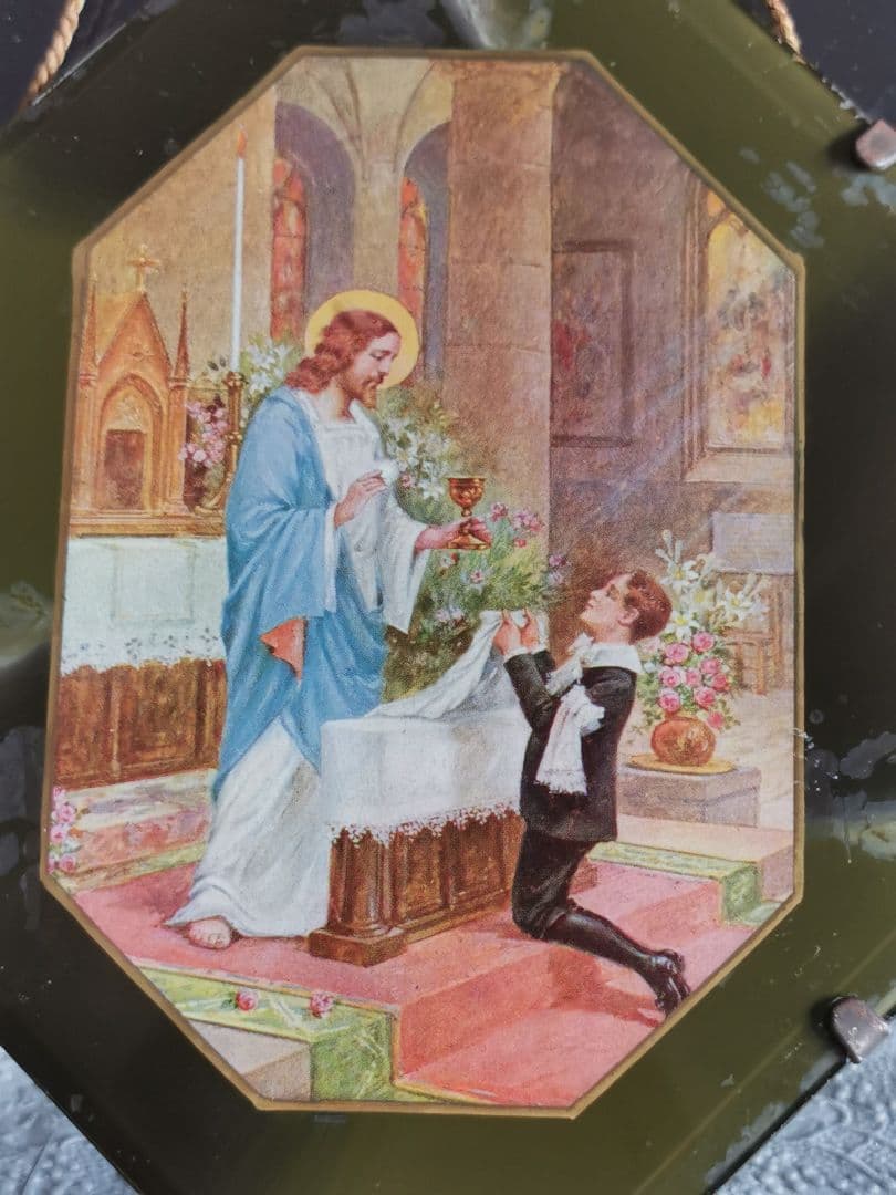 アンティーク 初聖体記念 キリストと少年 美しい八面体壁掛け深緑ガラスパネル