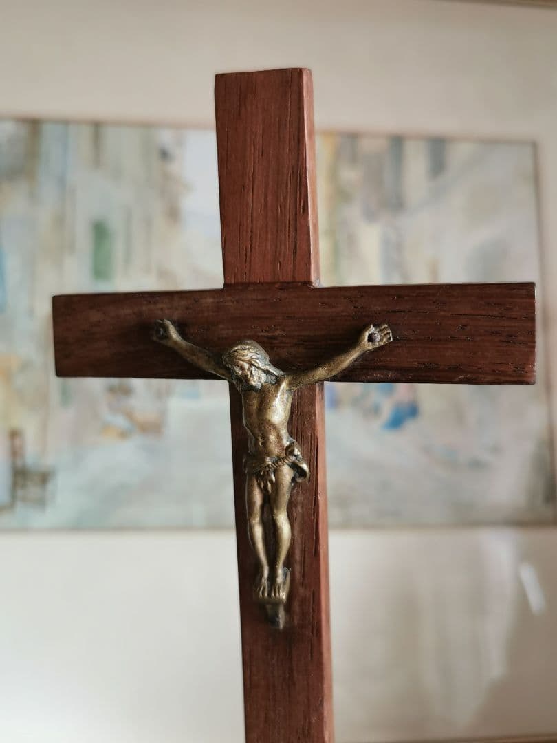 アンティークフランス/ベルギー ブロンズのキリストと十字架 杢目木製祭壇スタンド