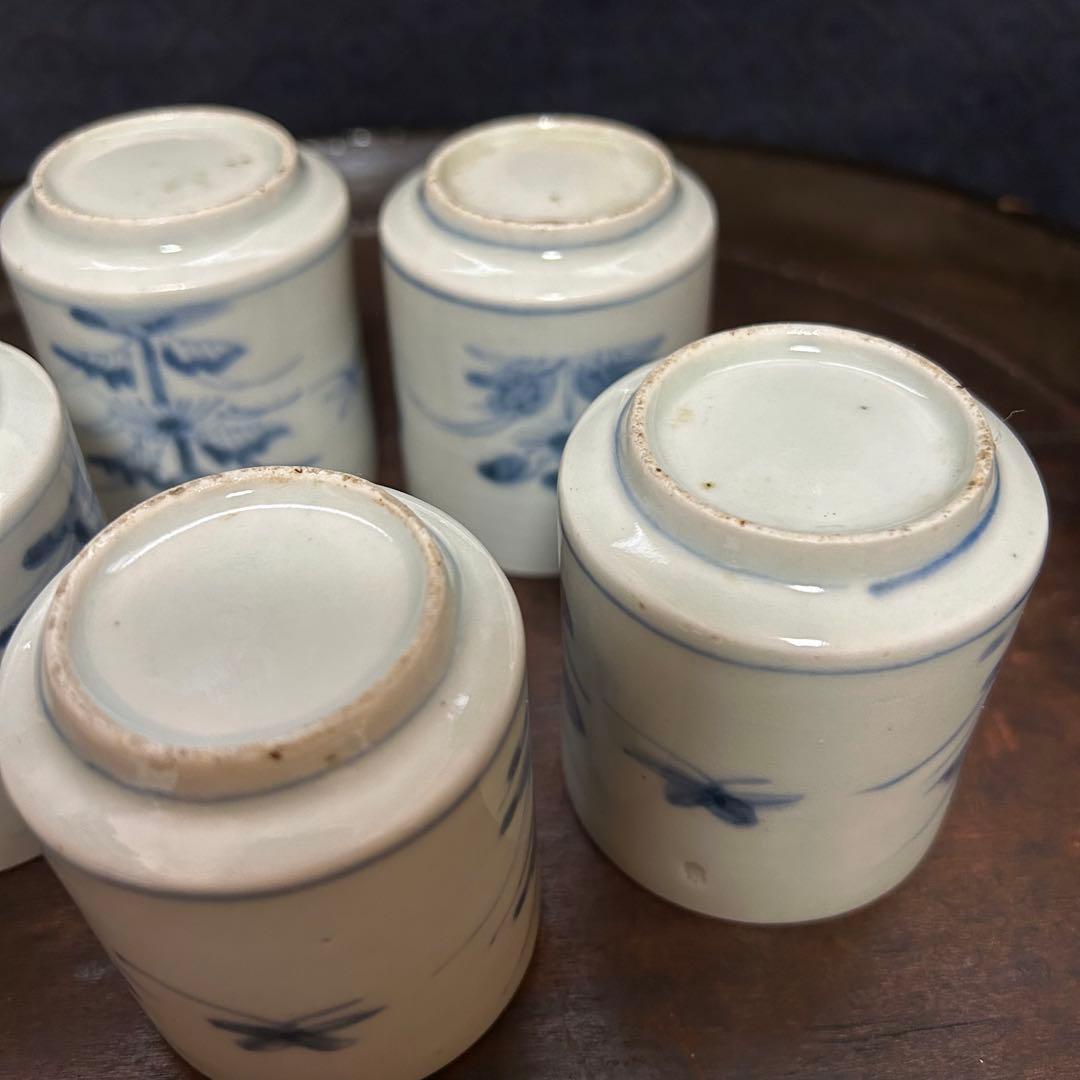 湯沢市の蔵出し品　江戸期　蝶と草花図覗き猪口　五客揃　無傷　本物保証