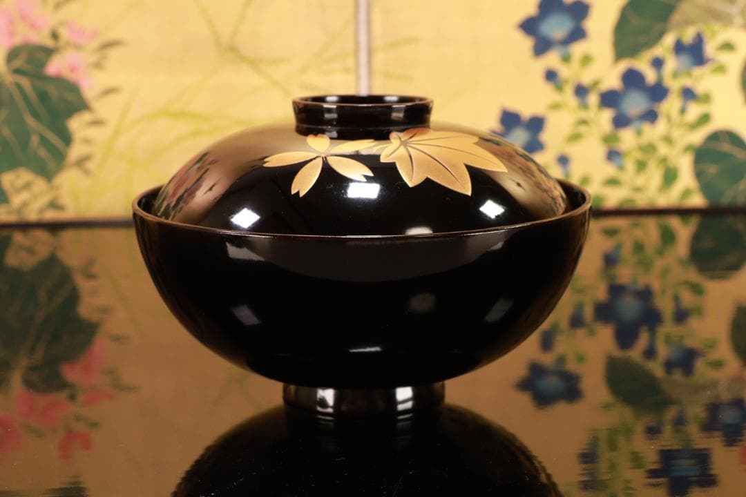 BJ111　時代輪島塗　流水紅葉桜図蒔絵　吸物椀　二客　木製　茶道具 懐石 会席