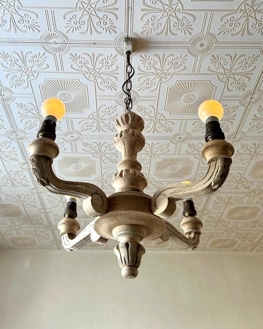 フランスアンティーク　木製シャンデリア　４灯　シャビー　店舗什器