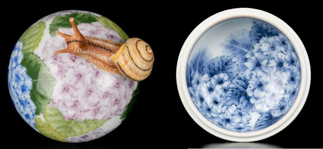 【新品未使用】入手困難作家！春うらら『伊藤早苗』最上位作 釉下彩紫陽花蓋物 共箱