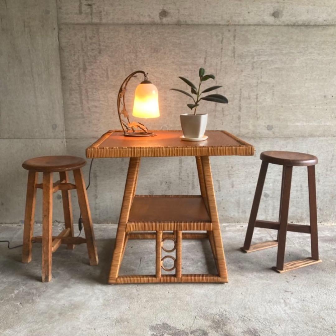 籐 ラタン 木製 コーヒーテーブル カフェ 机 スクエア レトロ ビンテージ