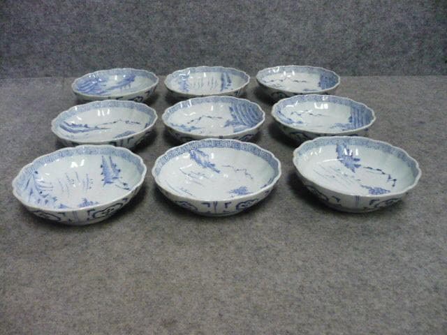 伊万里焼染付線描き海辺風景図なます皿9枚 [B31639]