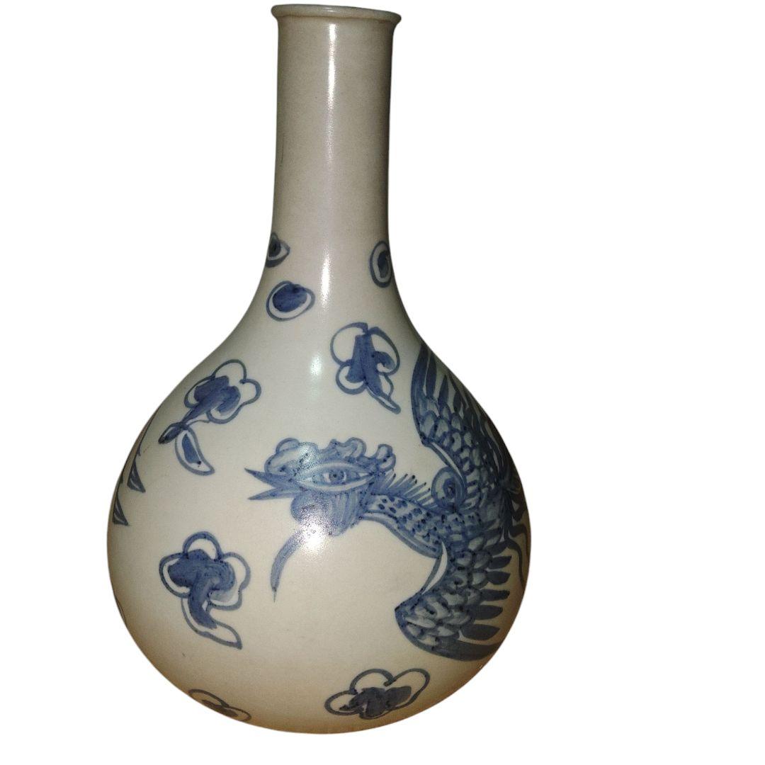 李朝　鳳凰文染付鶴首徳利　　花瓶　朝鮮美術