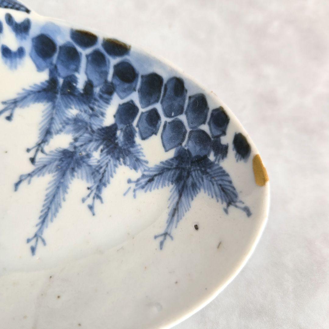 古伊万里　染付変形小皿　江戸時代　染付　骨董　金直し　金継ぎ　アンティーク