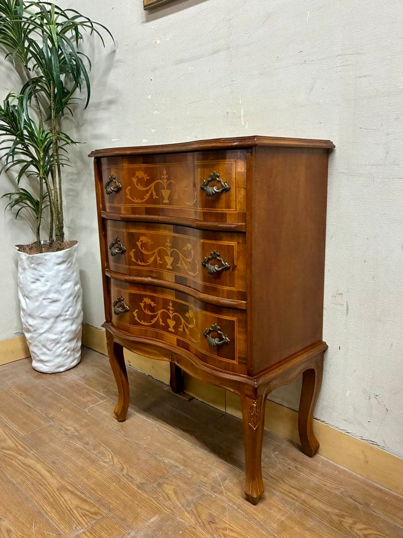 管452☆イタリア製☆アンティーク☆象嵌細工☆猫脚☆3段チェスト