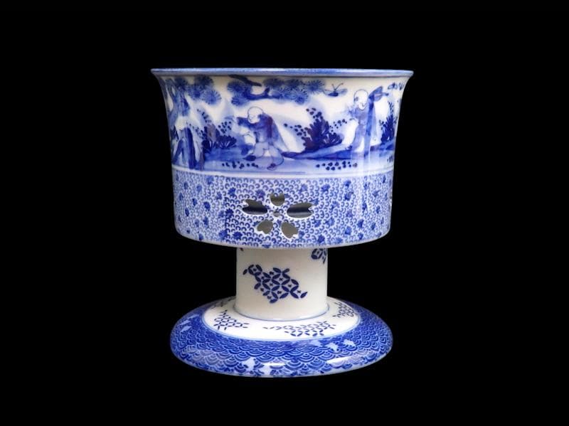 古伊万里　染付　透かし　微塵唐草に唐子　山水紋の図　盃洗　F202ASfbtb