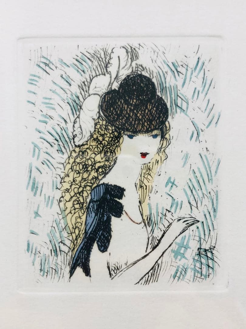 マリーローランサン 茶色い髪の少女 小さな絵画　エッチング 額縁つき