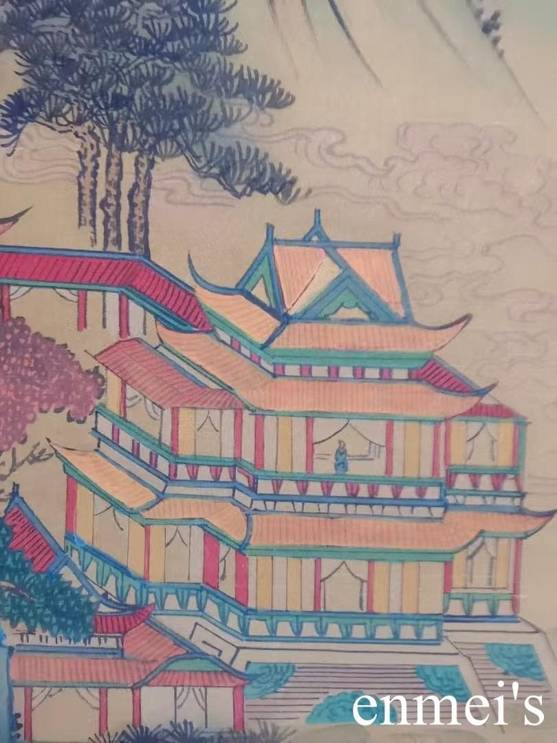 中国古美術・字画山水風景掛軸・水彩画・呉鎮印款・書道品・絹本・純手描き・珍品画