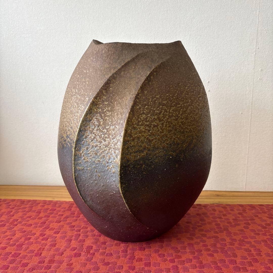 山下譲治 備前扁壷 綾線文扇壺 共箱共布栞 高さ約38ｃｍ 師(人間国宝伊勢崎淳