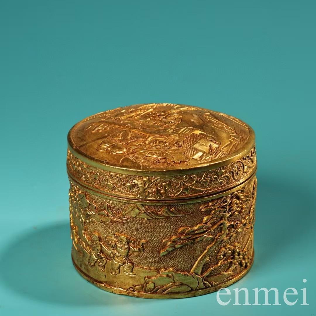 中国古美術・珍品旧蔵の高浮彫鎏金錾彫刻花「百子図」・装飾箱・果物箱・文房・純銅製