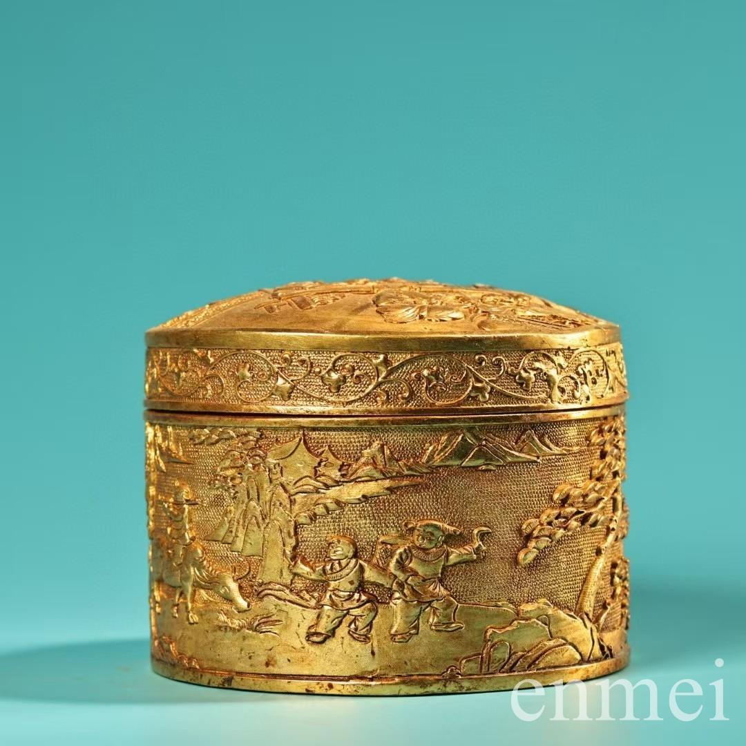 中国古美術・珍品旧蔵の高浮彫鎏金錾彫刻花「百子図」・装飾箱・果物箱・文房・純銅製