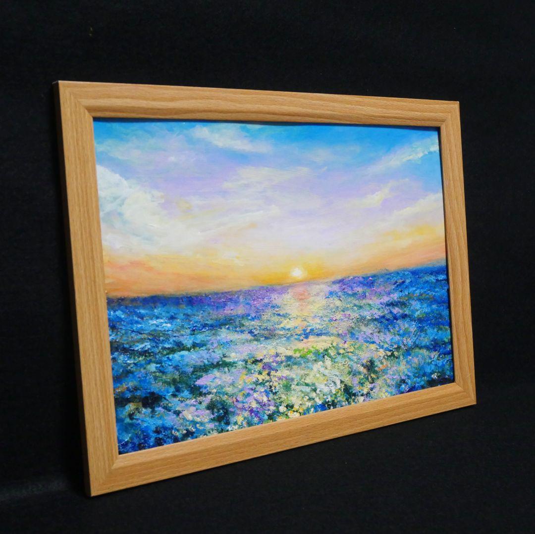 油絵 油彩 油彩画 絵 絵画【夕日に輝くネモフィラ】