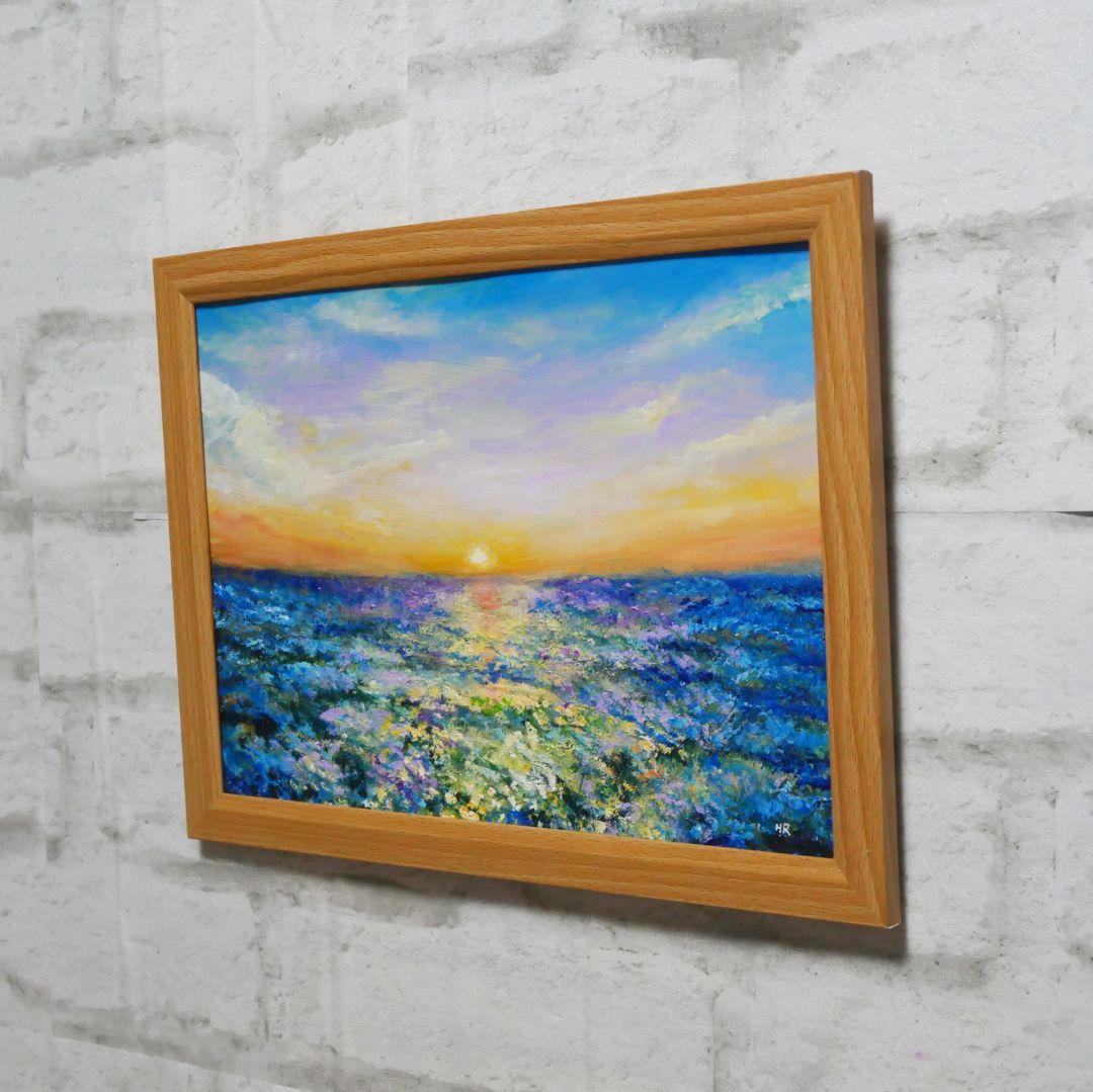 油絵 油彩 油彩画 絵 絵画【夕日に輝くネモフィラ】