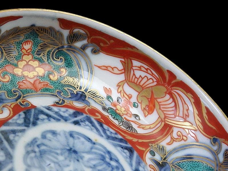 古伊万里　金襴手　窓絵　鳳凰に花の図　４寸皿　E694AS-CZq