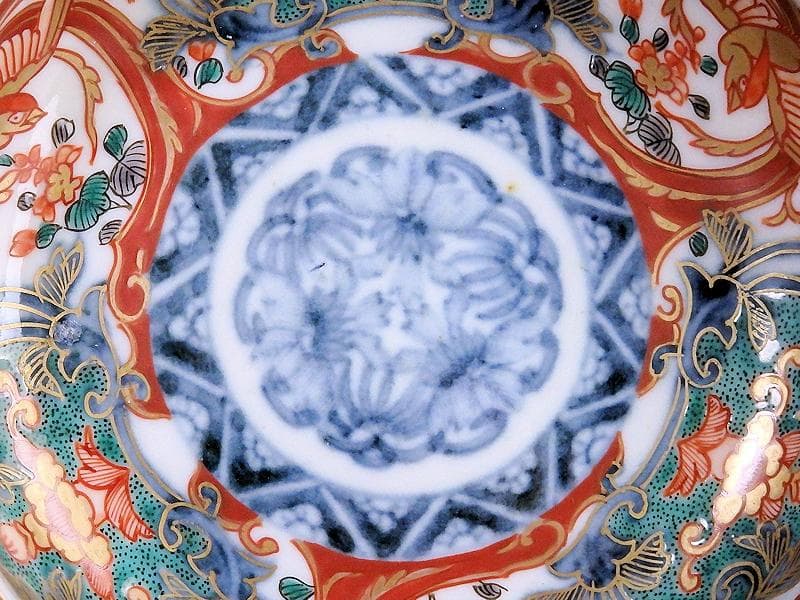 古伊万里　金襴手　窓絵　鳳凰に花の図　４寸皿　E694AS-CZq