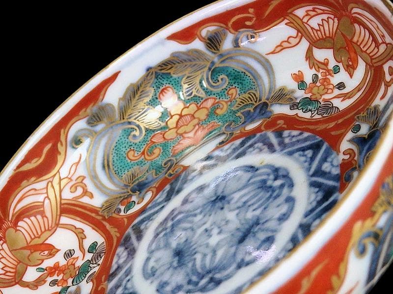 古伊万里　金襴手　窓絵　鳳凰に花の図　４寸皿　E694AS-CZq