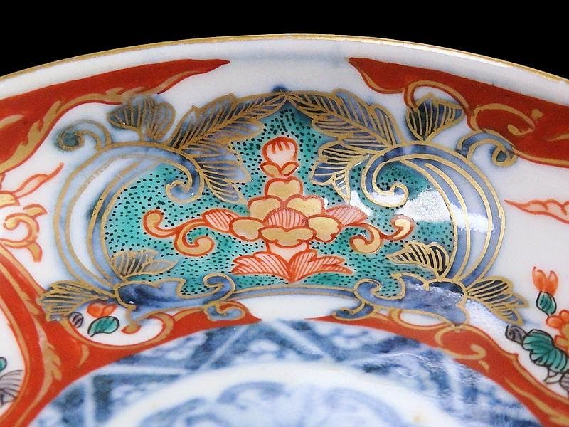 古伊万里　金襴手　窓絵　鳳凰に花の図　４寸皿　E694AS-CZq