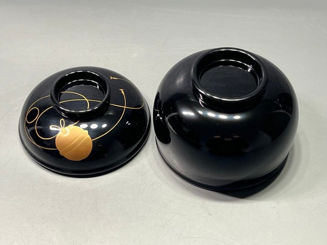 越前塗　黒鈴椀　金蒔絵　五客　天然木　本漆手塗　未使用品　三越販売